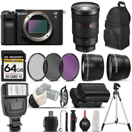 Sony a7C Camera (Black) with 24-70mm f/2.8 GM Lens + 0.43X Wide Angle Lens + 2.2x Telephoto Lens + Flash + 64GB Memory Card + UV-CPL-FLD Filters + Wrist Grip - International Version