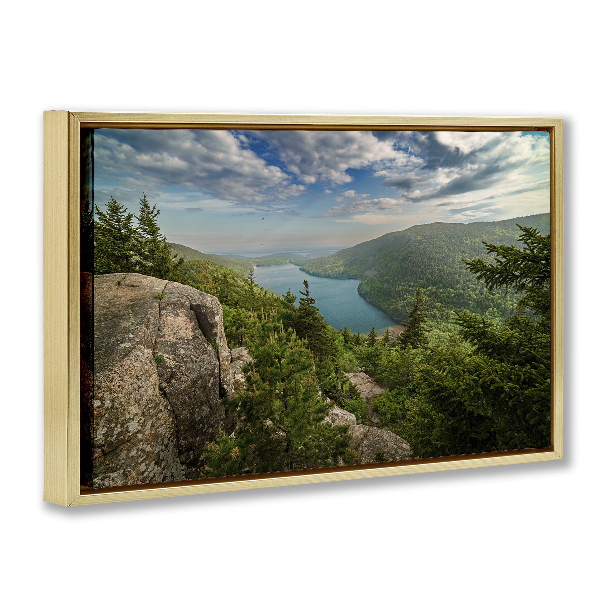 Stupell Industries Lake View Over Mountains Landscape & Nature Photography Gold Floater Framed Canvas Art Print Wall Art, 25 x 17