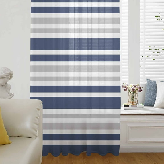 Navy Blue Stripes Semi Sheer Curtains Drapes for Living Room,Bedroom,French Doors Window 108 Inches Long,Modern Minimalist Horizontal Ombre Lines Rod Pocket Chiffon Curtain Drapery Voile Drape Panel