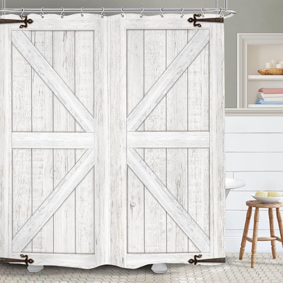 Stall Barn Door Bathroom Shower Curtain 36W by 72H Inch Wooden Wood Half Small Rustic Farmhouse Camper RV Polyester Fabric 12 Plastic Hooks Waterproof Decor