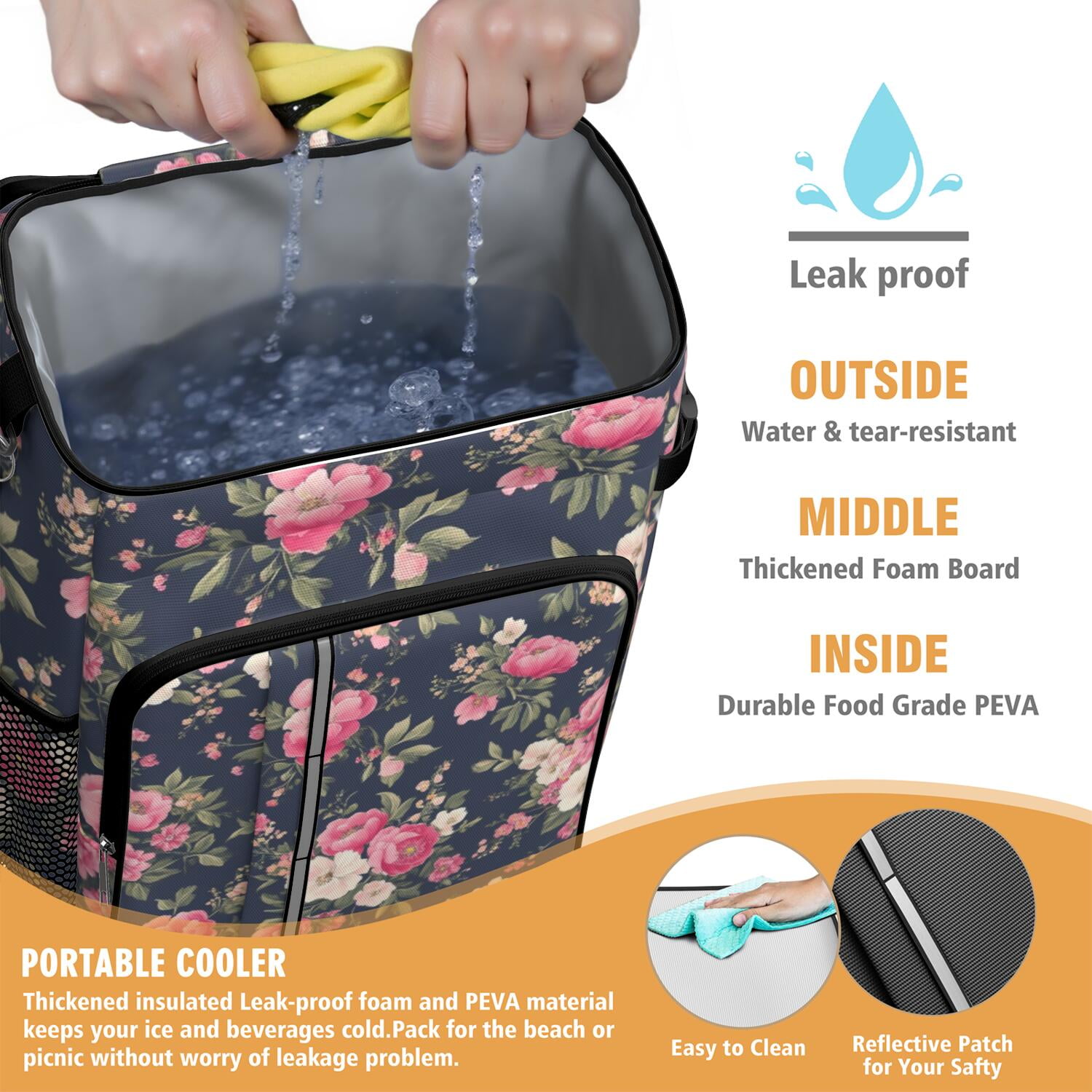 Travel Cooler Bag - Pioneer Flower Floral Print Pattern Camping Beer Cooler Backpack with Bottle Opener- Waterproof Insulated Picnic Backpacks - Cooler Bag for Beach