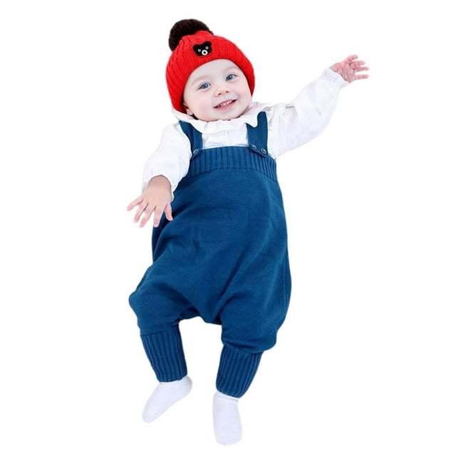 MIASHUI Unisex Baby Boy Girl Suspender Pants Solid Color Knit Rompers,Navy,6-12 Months