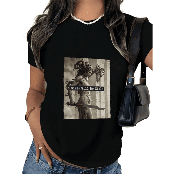 Black Print Tshirt Girls Will Be Girls Medusa Statue Shirts Graphic Tees S-5XL Tops