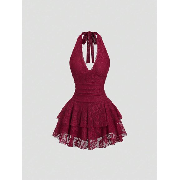 Burgundy Lace Halter Neck Ruched Peplum Mini Dress For Women