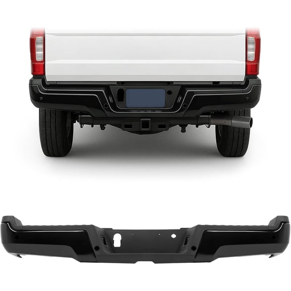 KOJEM Rear Step Bumper Assembly Compatible with 2017-2022 Ford F-250 F-350 Super Duty w/Park Assist Hole Replace for FO1102385 HC3Z17906LPTM Back Bumper Plastic Steel Powder Coated Black