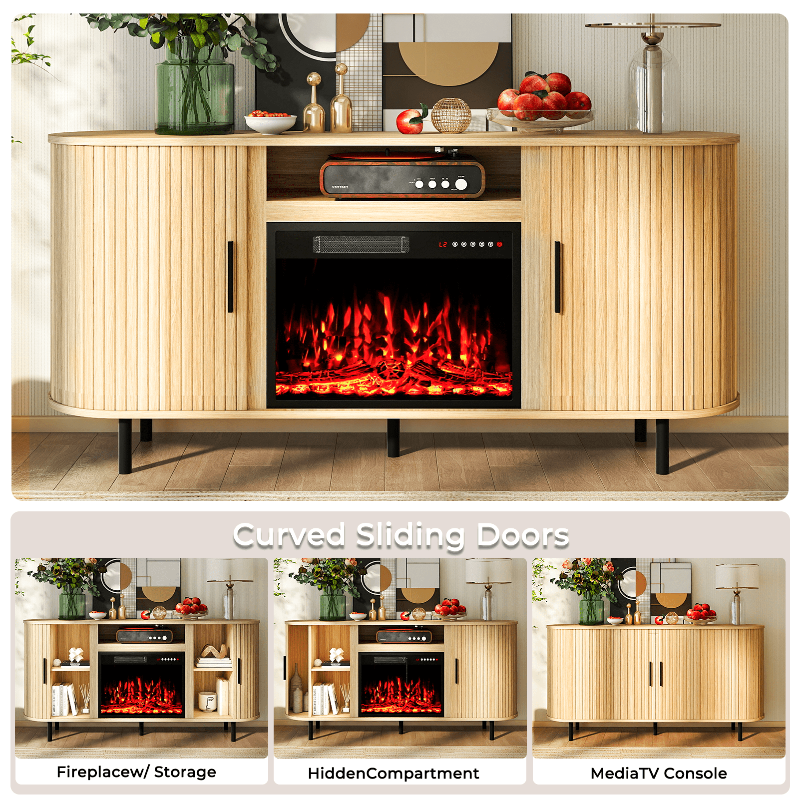 Flictozena 65’’ Modern Fluted TV Stand for TVs Up to 75’’ with 23’’ Electric Fireplace - Wooden Entertainment Center, Curved Design, Sliding Doors & Storage Shelf, Natural Oak