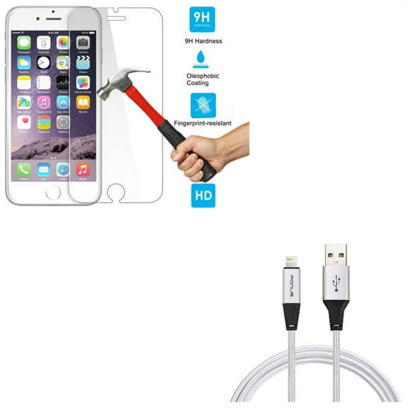 iPhone 8/7/6S/6 - Charger Cord 6ft USB Cable w Tempered Glass Screen Protector - Power Wire Braided Long Sync, HD Clear 2.5D Round Edges Display Cover Guard for iPhone 8/7/6S/6
