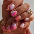 thumbnail image 1 of Uñas postizas Sunset Ombre con degradado rosa y naranja, cortas, cuadradas, reutilizables, de gel brillante., 1 of 5