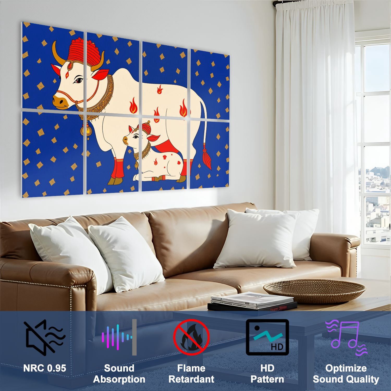 8 Pack Art Acoustic Panels Sound Absorbing Flame Decorated Cow Calf Decorative Soundproof Wall Panels Self Adhesive for Nursery Game Room Bedroom 48"x32"