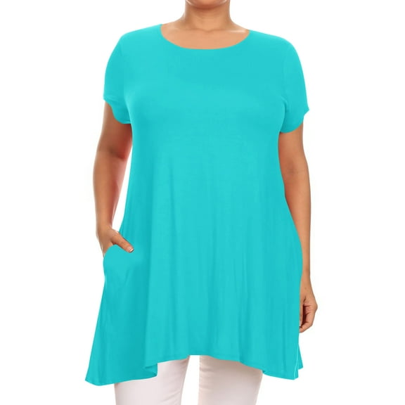 Women's Plus Size Loose Fit Short Sleeves Side Pockets Solid Tunic Top