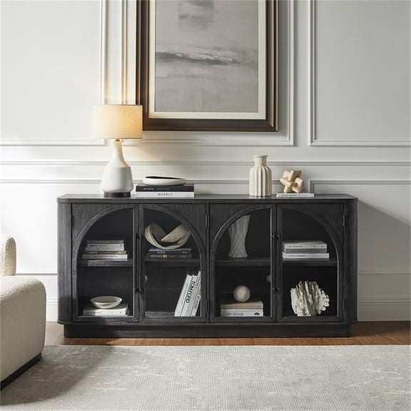 Pemberly Row Wood 70" Console with glass doors Fully Assembled in Black