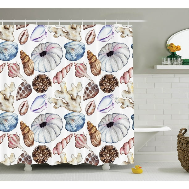 Seashells Decor Shower Curtain Set, Seashell Clam Coral Watercolor