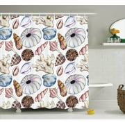 Seashells Decor Shower Curtain Set, Seashell Clam Coral Watercolor Urchin Sealife Reef Creative Warm Weather