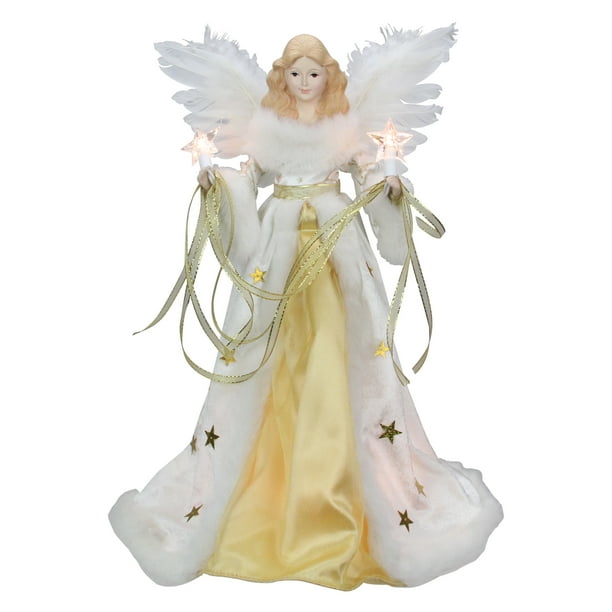 16" Lighted Ivory and Gold Angel Christmas Tree Topper Clear Lights