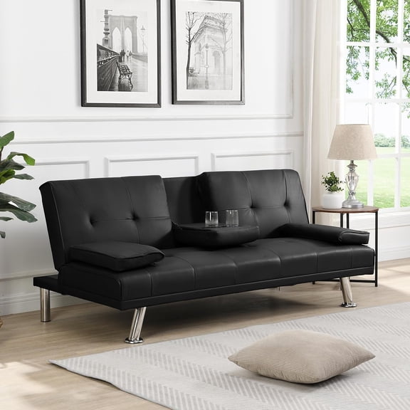 Convertible Memory Foam Futon Couch Bed with Leather Upholstery, Ideal for Small Spaces