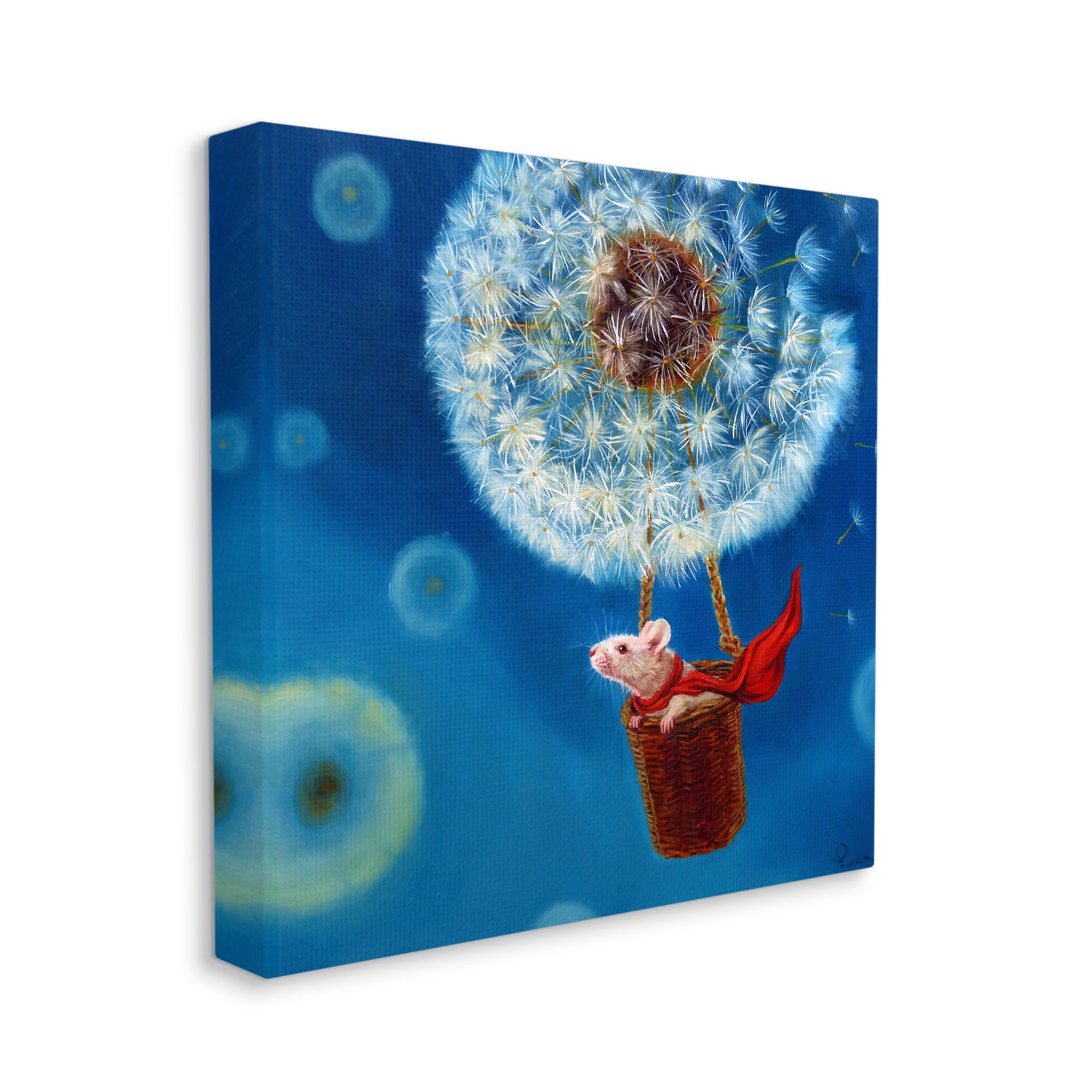 Dandelion Hot Air Balloon Sky Mouse Red Scarf Animals & Insects Painting Gallery-Wrapped Canvas Print Wall Art