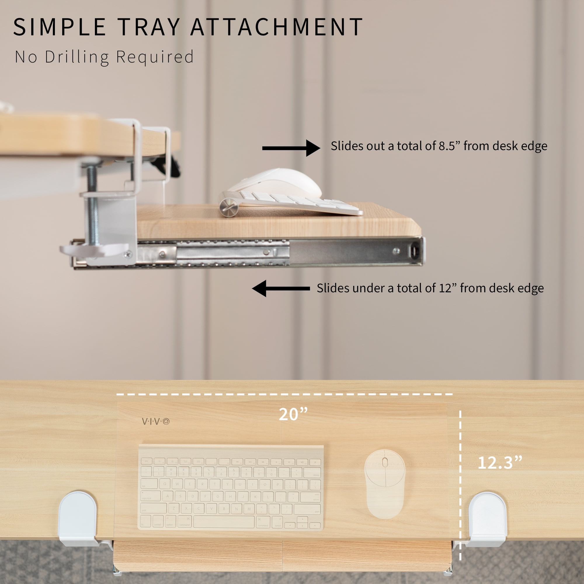VIVO Light Wood Small Clamp-on Computer Keyboard & Mouse Under Desk Slider Tray