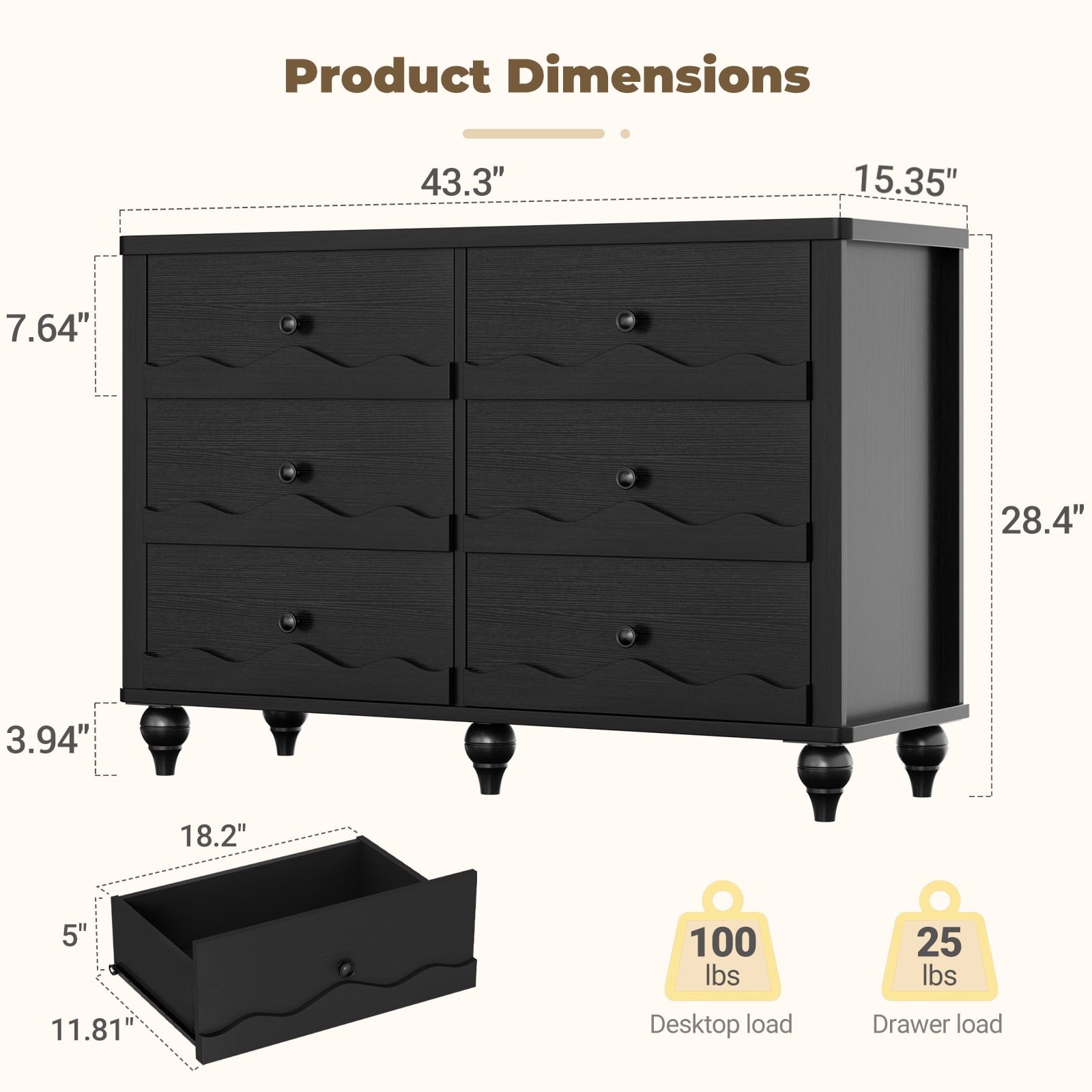 Homieasy 6-Drawer Dresser for Bedroom - 43" Modern Chest of Drawers with Scalloped Front, Storage Organizer for Living Room, Hallway & Entryway,Black