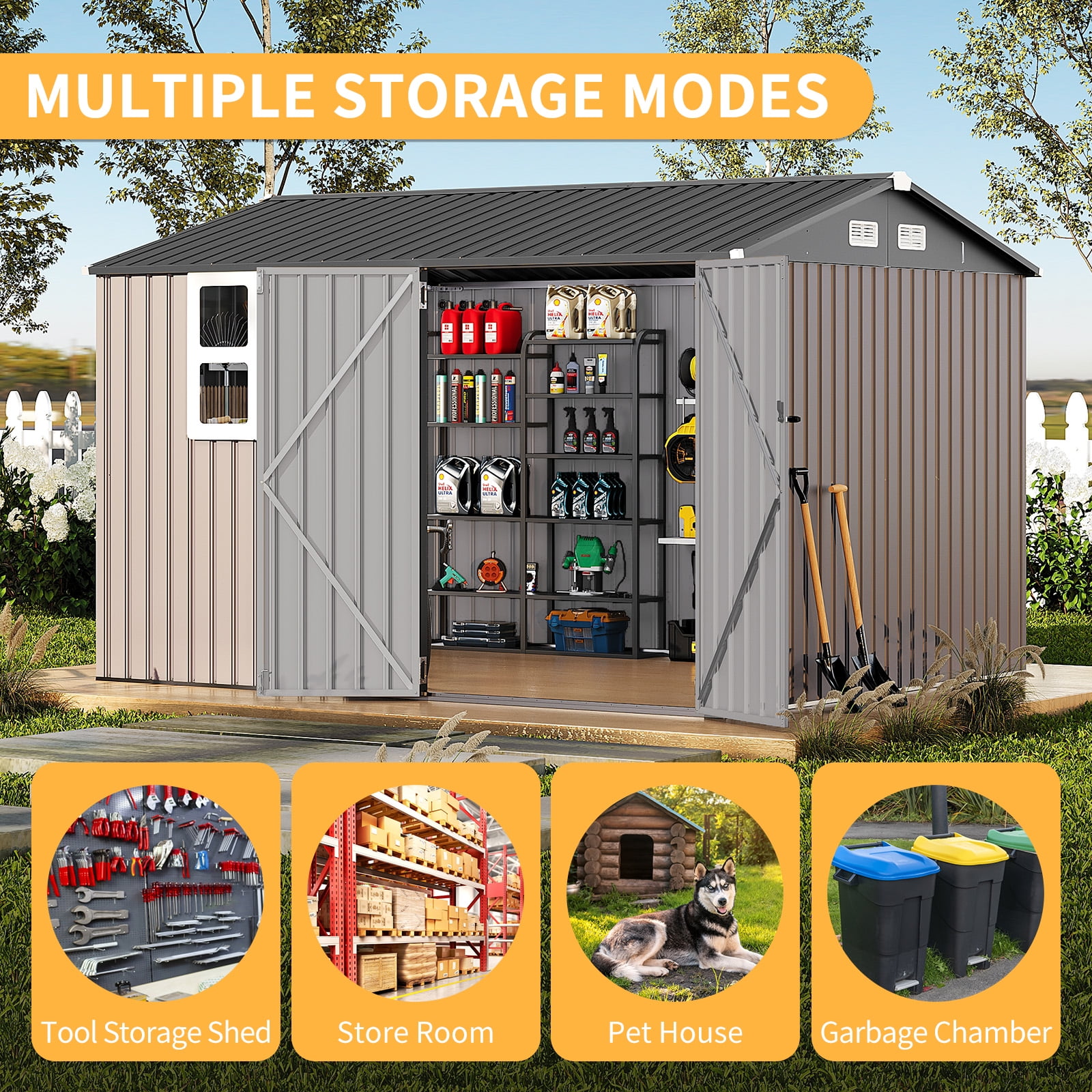 Amkui 10x8 Ft Shed Outdoor Storage Shed, Sturdy Metal Garden Tool Shed with Windows & Slooping Roof & Lockable Doors for Patio, Backyard, Poolside and Lawn