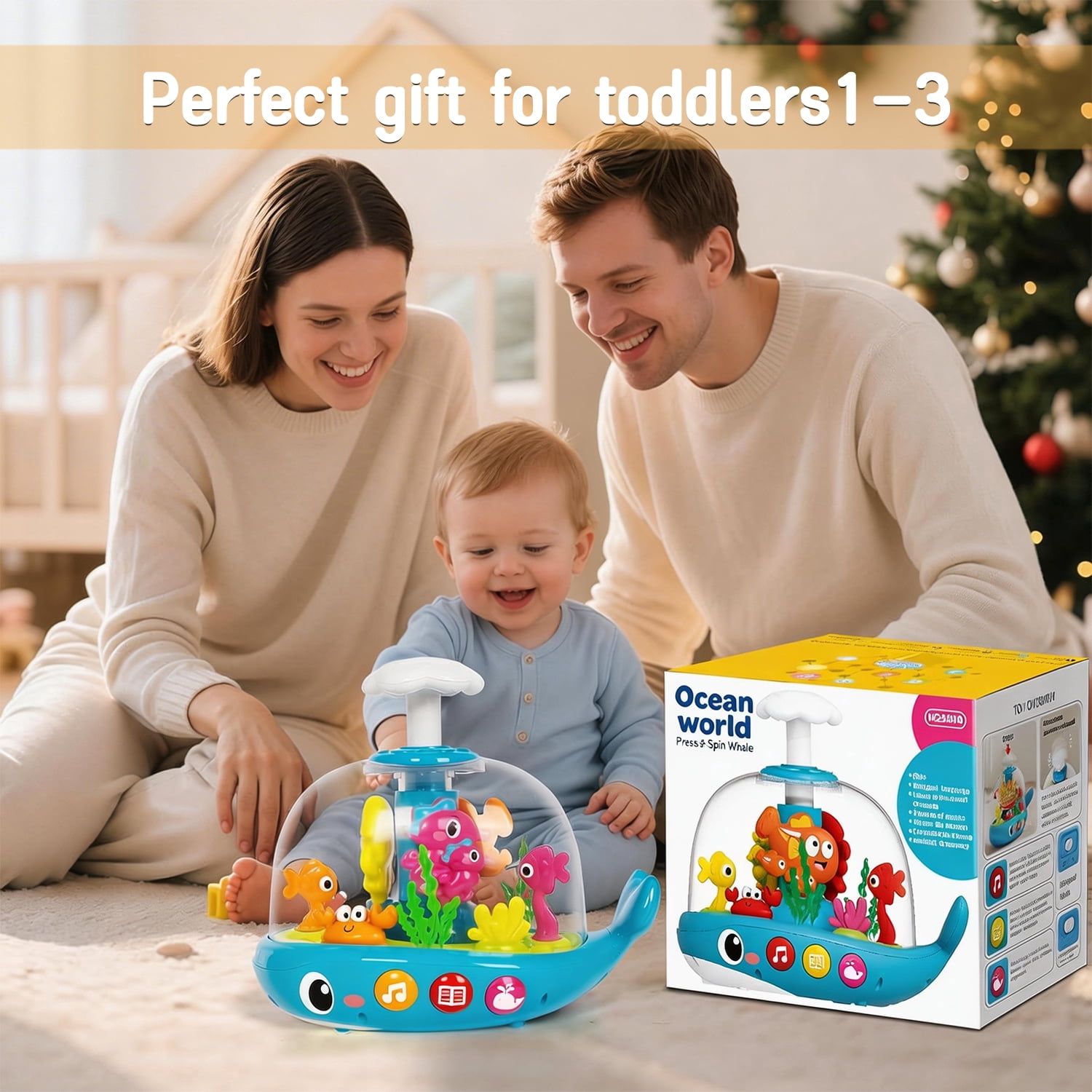 Aijohnny Baby Musical Aquarium Toy, Press to Glow & Spin Infant Toy, Newborn Gift for Kids 6-12 Months
