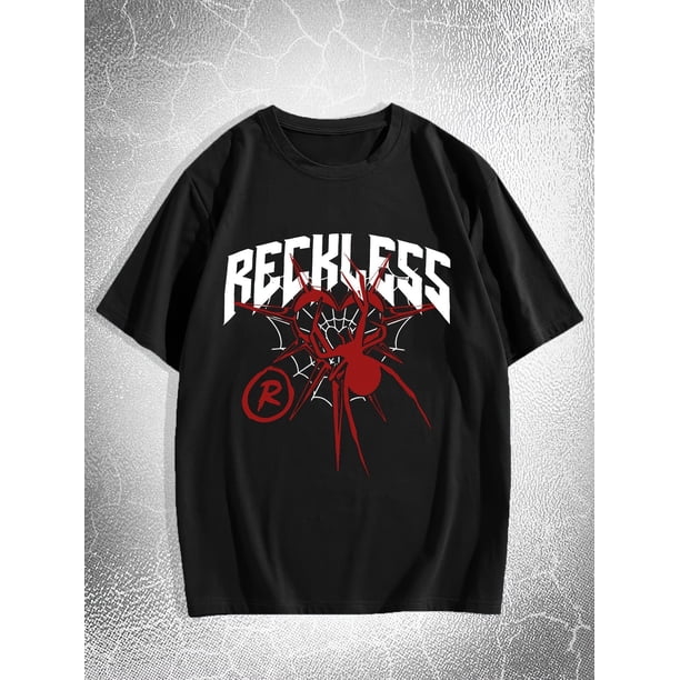 Men's Casual "Reckless" Spider Graphic Short Sleeve T-Shirt - Polyester Fabric, Crew Neck, Hand Wash/Dry Clean