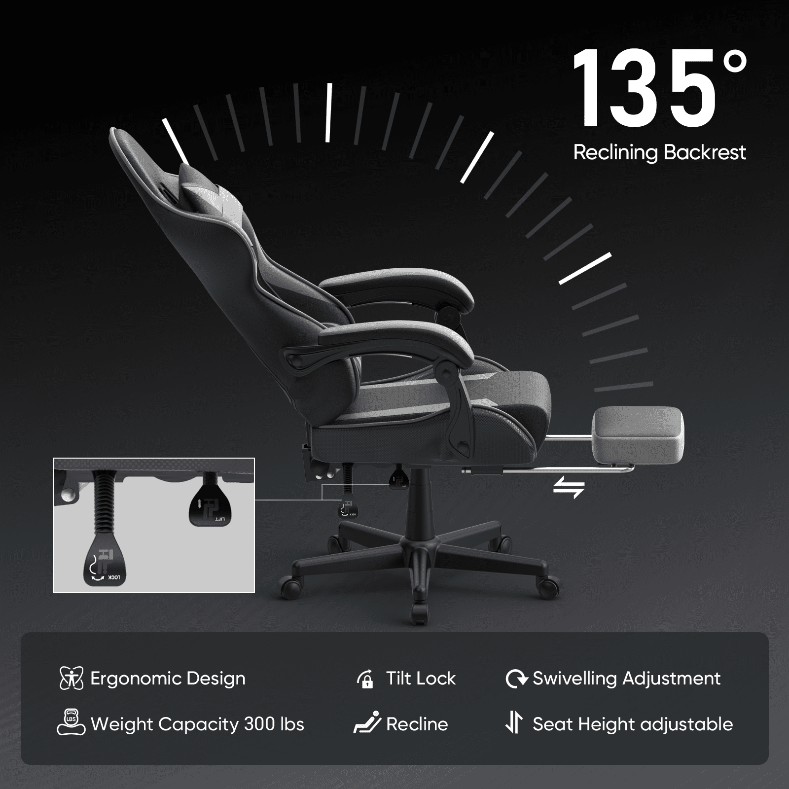 Soontrans Ergonomic Leather Gaming Chair with Lumbar Support and Headrest, Gray