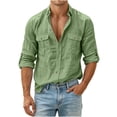 thumbnail image 2 of LEKWK Casual Button Down Shirts for men Long Sleeve Roll-up Sleeve Tops with Button Flap Pockets Classic Fit Lightweight Cotton Linen Feel for Work Safari Outdoor Green M, 2 of 8