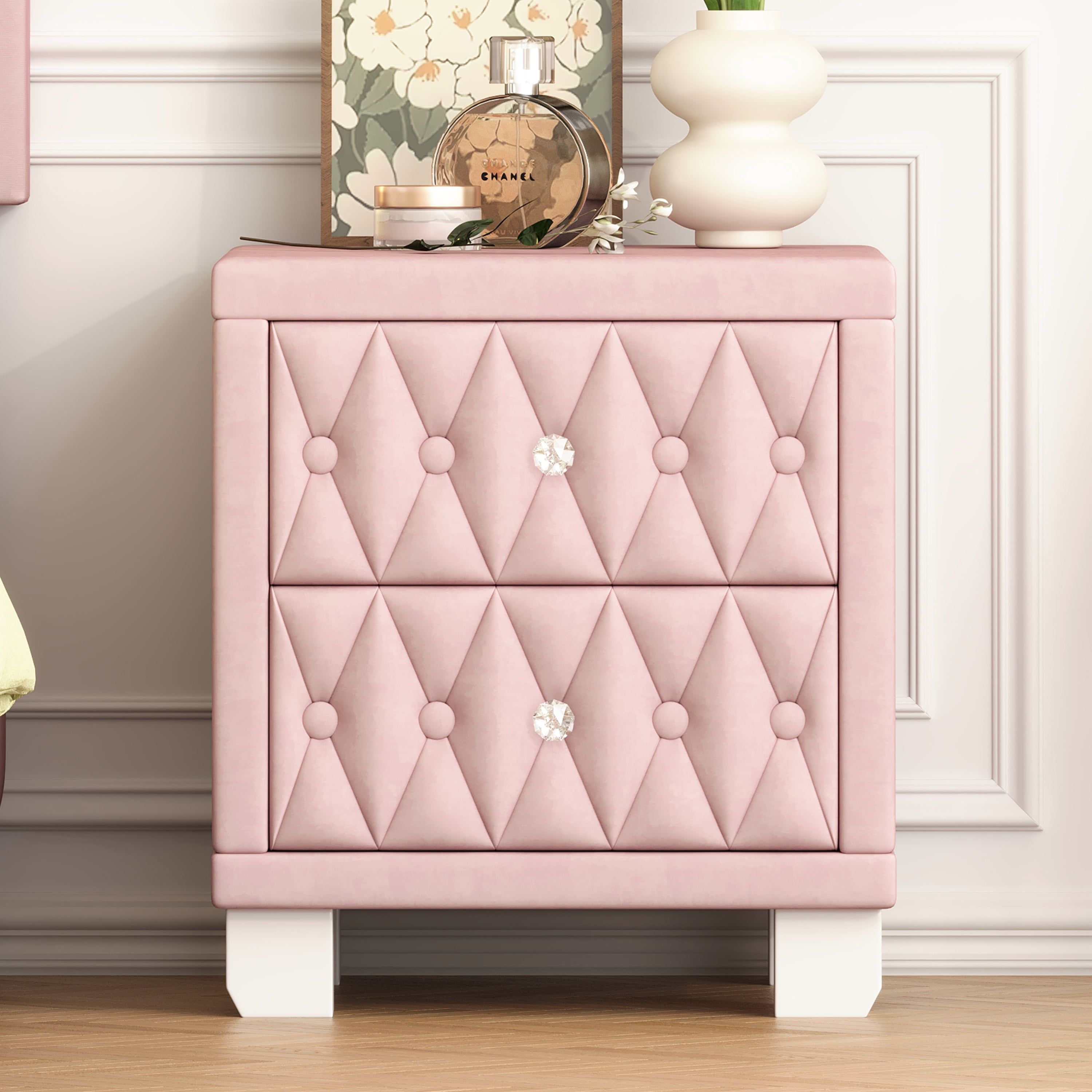 Euroco Velvet Nightstand with 2 Storage Drawers and Crystal Handle,Bedside Table End Table with Button-Tufted for Bedroom Living Room,Pink