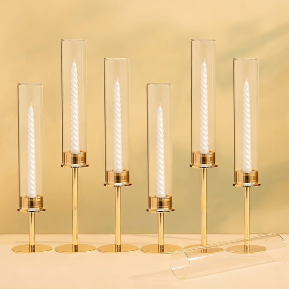 Lumikrypt Set of 6 Gold Hurricane Glass Taper Candle Holders,Metal Candlestick Holders with Clear Cylinder Sleeves, Tall Candle Sticks Holder Decor for Table Centerpiece, Wedding