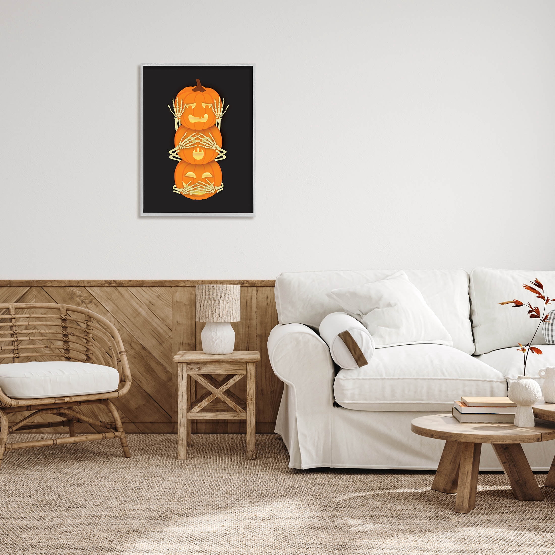 Stupell Industries Hear See Speak No Evil Pumpkins Graphic Art Gray Framed Art Print Wall Art, Design by Linda Birtel