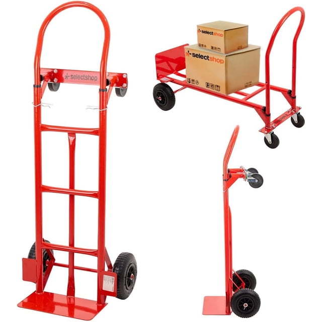 Diablito de Carga Tipo Plataforma 2 Posiciones Capacidad de Carga de 250 a 400 KG Ruedas Neumáticas de Caucho y Polipropileno Estructura de Acero Carrito Multiusos y Portátil (Rojo)