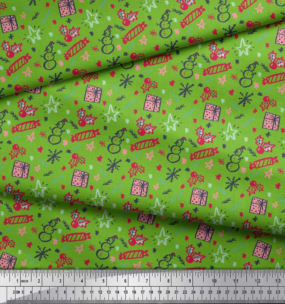 Soimoi Green Rayon Fabric Snowman,Candies & Gift Box Christmas Decor Fabric Printed Yard 56 Inch Wide