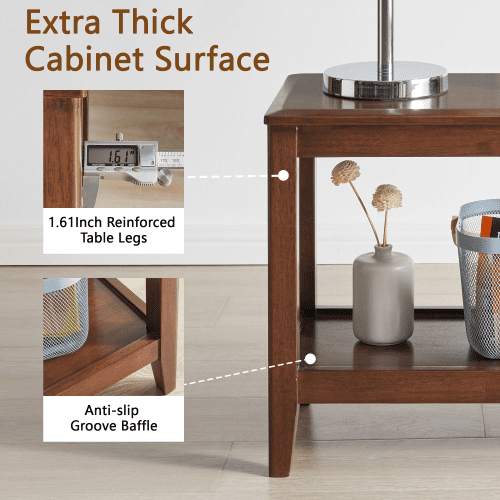 Solid Wood Rustic Side Table, 2-Tier End Table with Shelf, Rubberwood Sofa Table for Living Room, Walnut