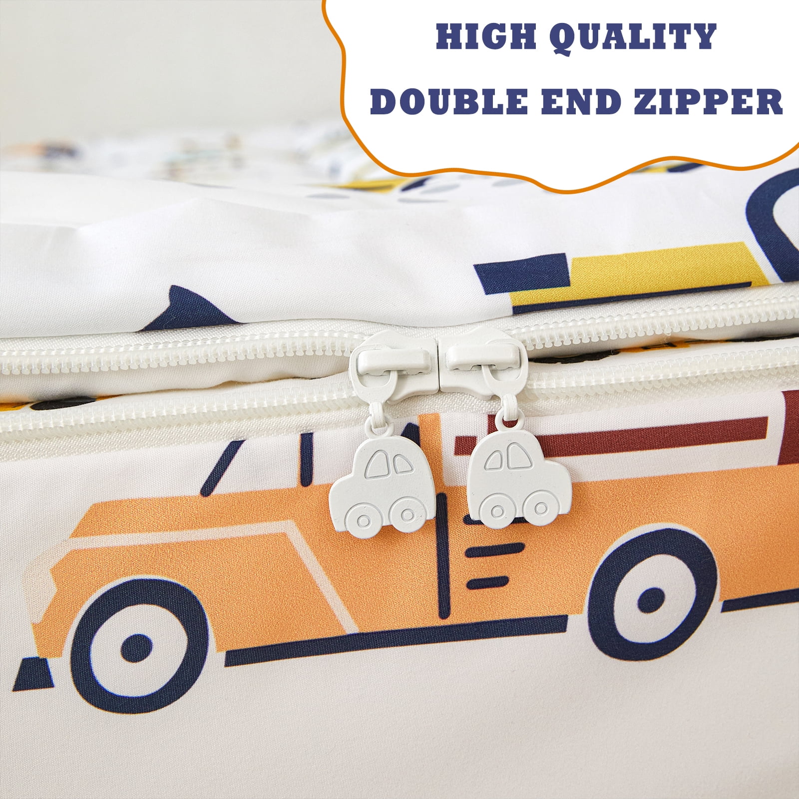 ZRNBAST Construction Comforter Set for Boys Zipper Bedding Sets Twin Size Lightweight Microfiber Cartoon Car Comforter for Kids All in one Zipper Bed Set(White,Twin)