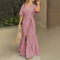 thumbnail image 6 of Dvprdro Womens Casual Beach Maxi Dress Striped Collared Short Sleeve Button Front Tie Waist Ruffle Hem Loose A Line, 6 of 6