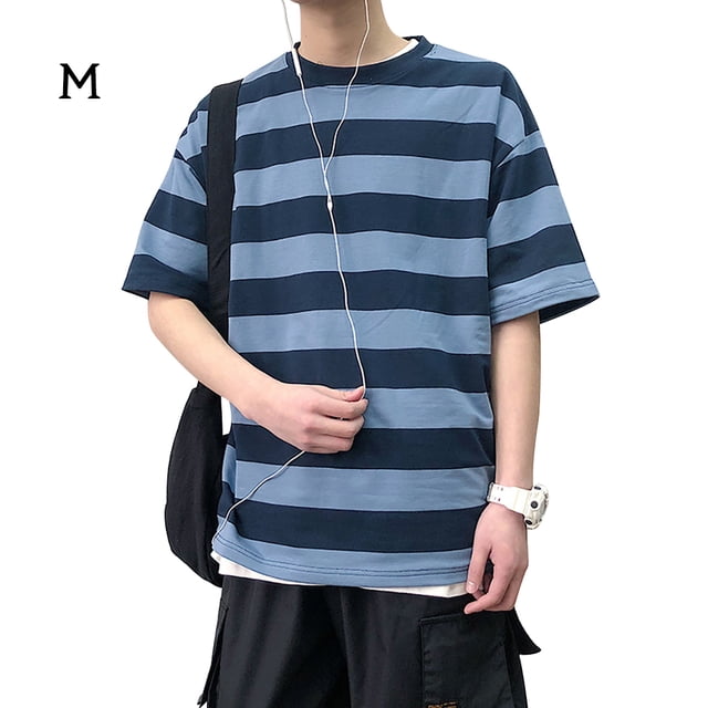 Camiseta de hombre a rayas, media manga, camiseta suelta, cuello redondo, blusa de algodón, azul, M kenally AP002500-05