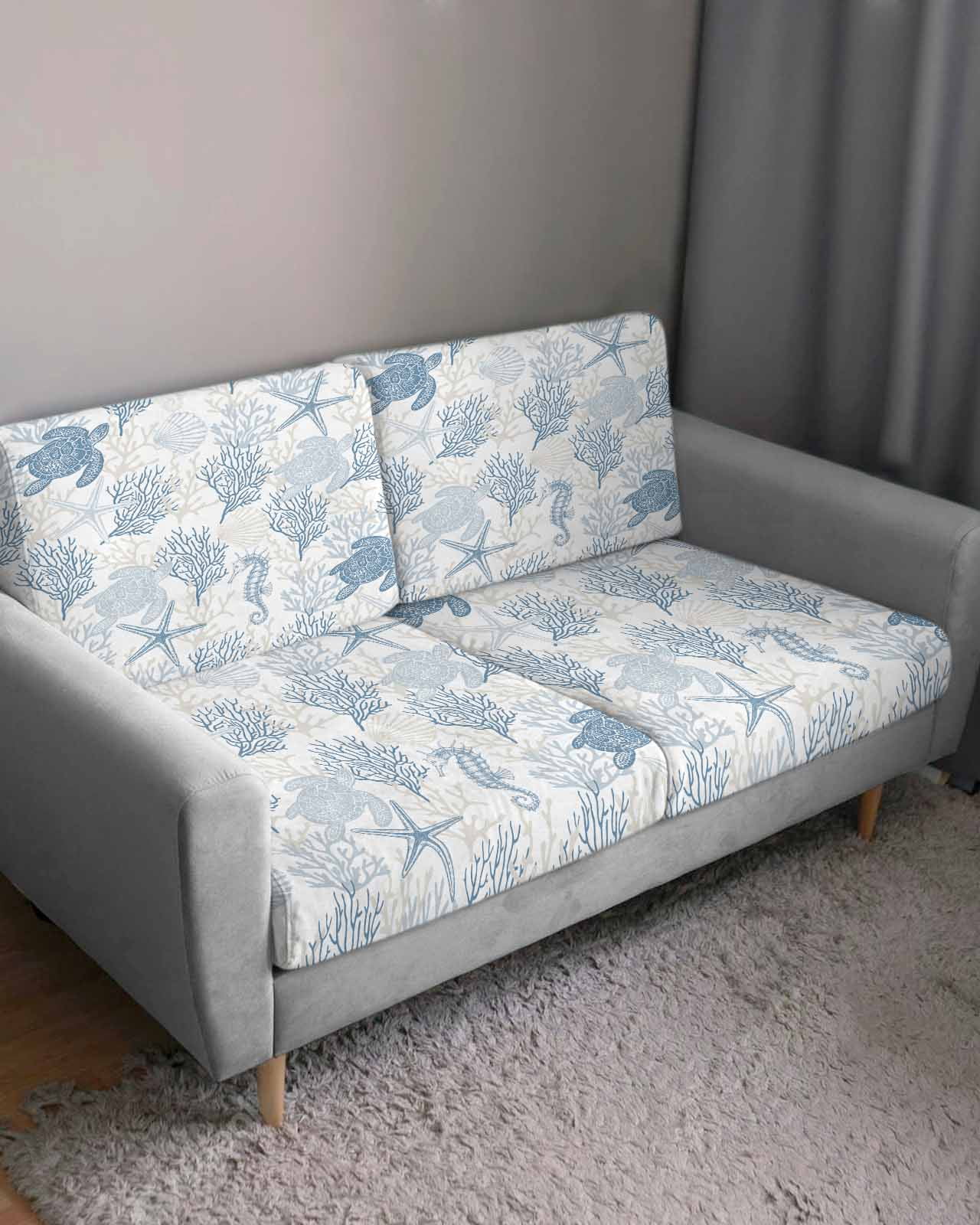 Blue Grey Coastal Couch Cushion Covers Stretch, Washable Sofa Seat Covers Individual Seat Cushion Sofa Slipcovers Sea Turtle Nautical Coral Summer Beach Couch Cover Furniture Protector S-2PCS
