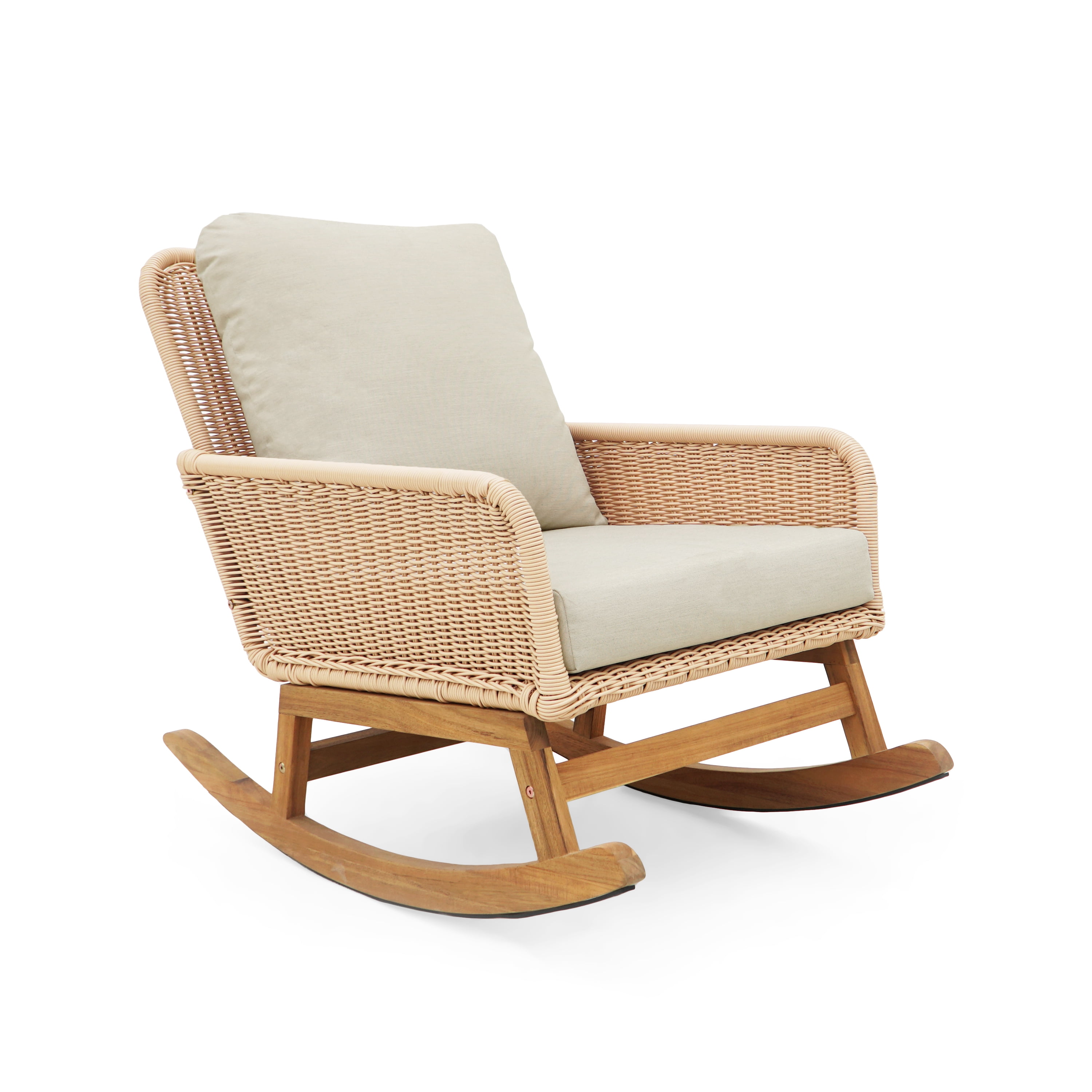 Euroco Modern Wicker Rocking Chair with Cushions, PE Rattan Patio Rocker with Wooden Frame for Indoor & Outdoor Use