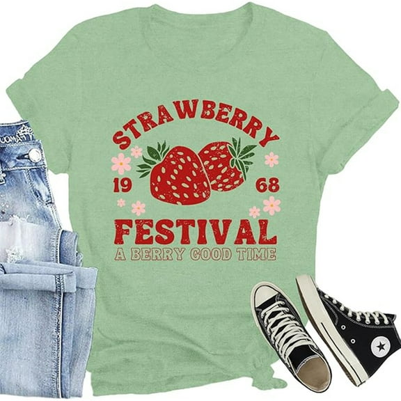 Jamsmile Stylish Womens Tshirts Casual Wear Summer Round Neck Strawberry Print Short Sleeve Cartoon Trendy Graphic Tshirts