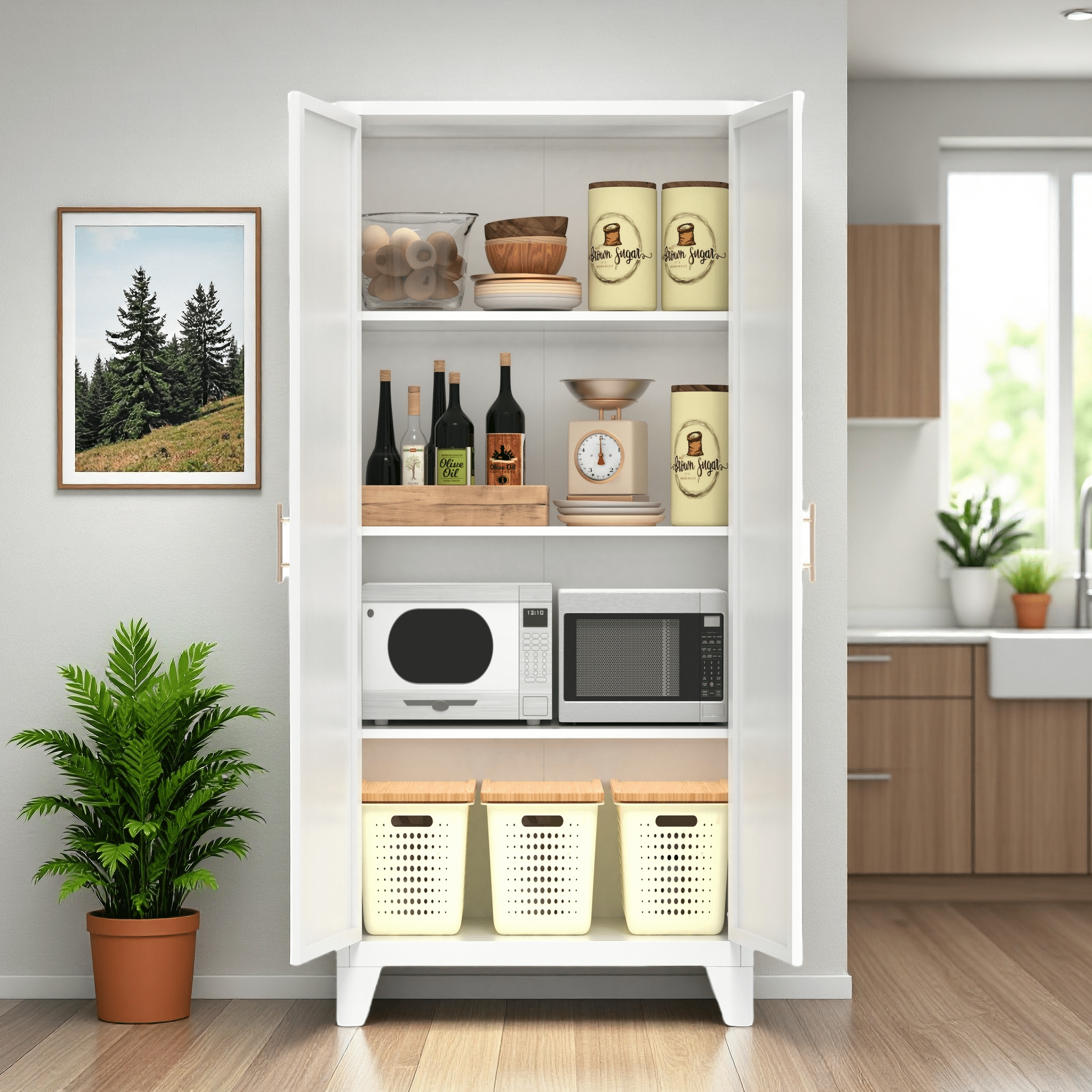 Miniyam 61"H Metal Storage Cabinet with 2 Shaped Doors & Adjustable Shelves – White, for Bedroom/Living Room