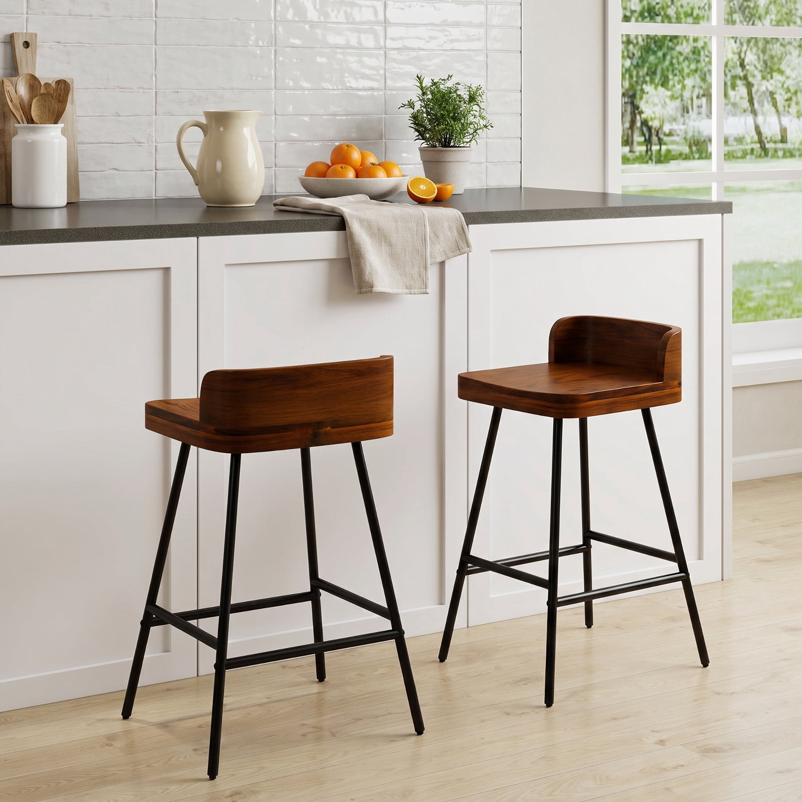 Furnibear Set of 2 Counter Height Bar Stool with Low Back Metal Legs and Footrest for Kitchen Island for Kitchen Island Counter Bar Pub Dining, Brown
