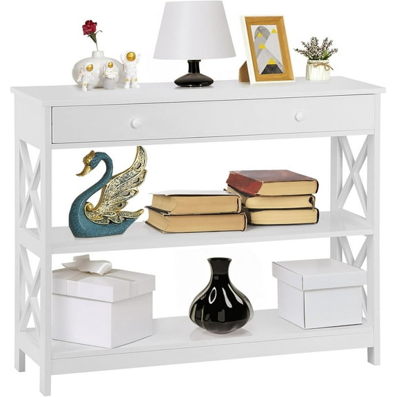 YSNW Console Table with Drawer, 3 Tier Narrow Entryway Table Wood Sofa Side Table for Living Room Bedroom Couch Hallway, Stable X Frame Design, 39.5 Inch White
