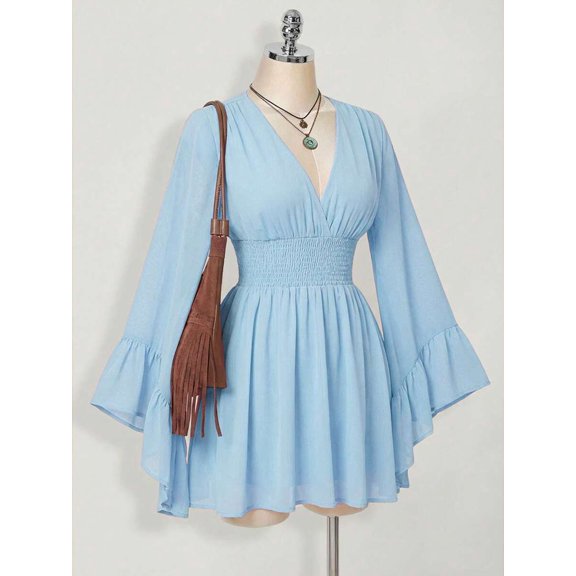 Womens Baby Blue V-Neck Solid Color Smocked Waist Bell Sleeve Mini Dress