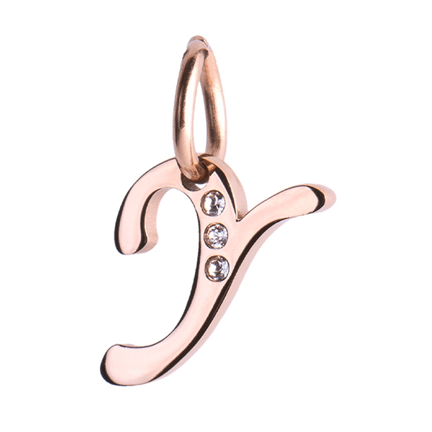 Charm para Pulsera LuckyLy, Dije Inicial Letra A, Acero Inoxidable con Baño de Oro Rosa 18k y Zirconia Cúbica, Modelo Lizzy rosa Letra Y