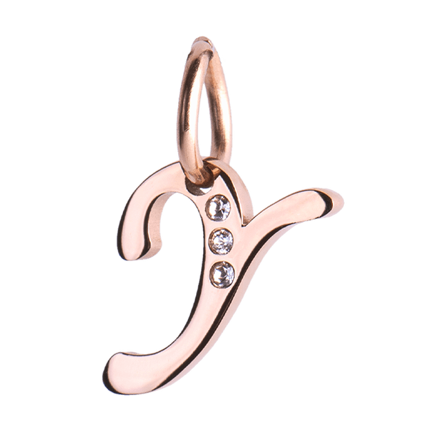 Charm para Pulsera LuckyLy, Dije Inicial Letra A, Acero Inoxidable con Baño de Oro Rosa 18k y Zirconia Cúbica, Modelo Lizzy rosa Letra Y