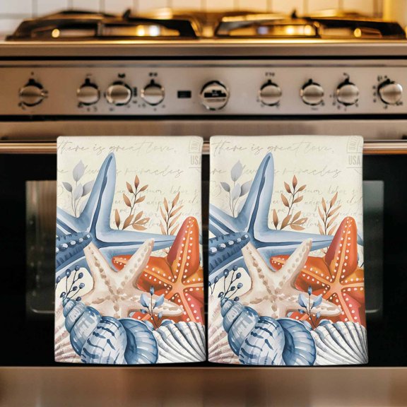 Orange Blue Starfish Coastal Kitchen Towels Set of 2, Summer Beach Eucalyptus Rustic Absorbent Dish Towels for Kitchen, Microfiber Hand Towel, Quick Drying Tea Towel for Cleaning Dishcloths