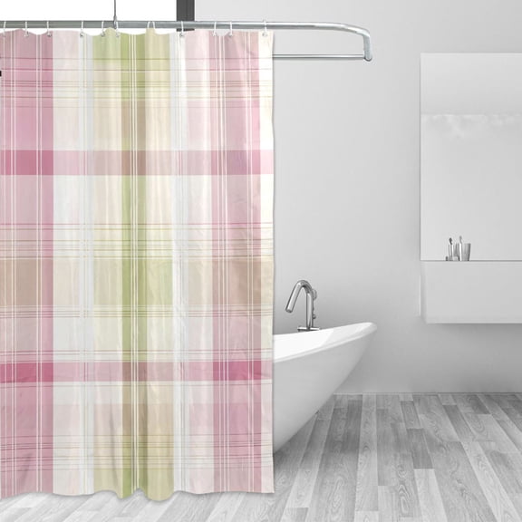 Light Green Pink Lines Shower Curtains with 12 Hooks Waterproof Bathroom Decor 48" x 72"