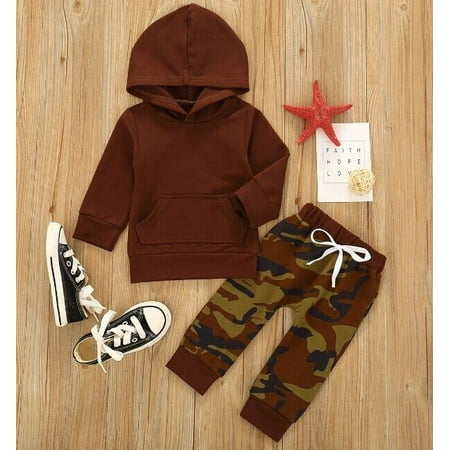 

Spring Autumn Toddlers Clothes Set Baby Boys Simple Solid Color Long Sleeve Hooded Top + Personalized Camouflage Printing Trousers Kit
