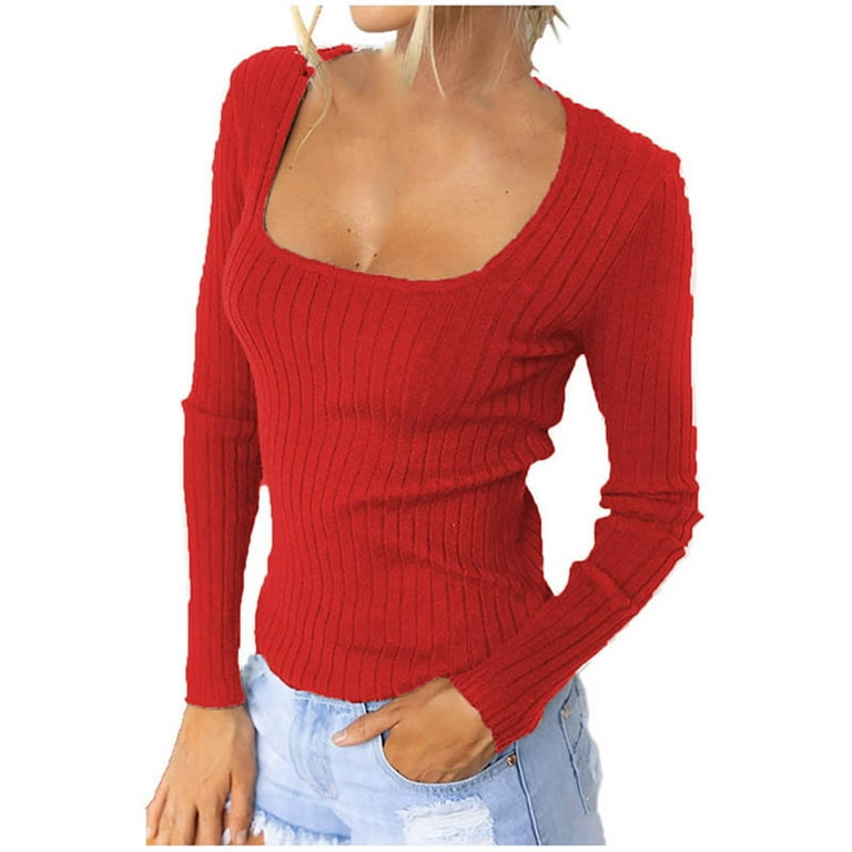 YOTAMI Women's Tops, Tees & Blouses - Crew Neck Autumn and Winter Long  Sleeve Solid Color Women Clothes Clearance Sale Red Tops 
