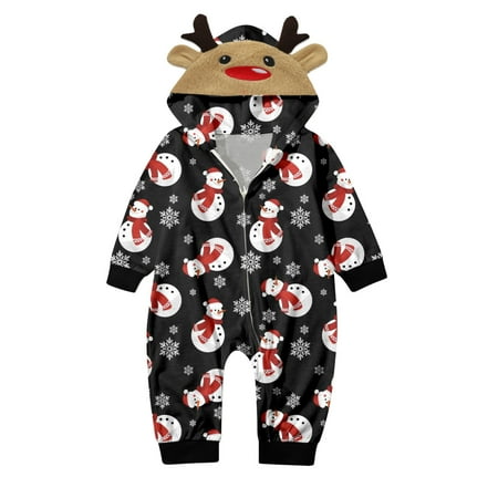 

Family Photo Outfits Christmas Snow Print Soft Long Sleeve Hoodie Jumpsuits Romper Sleeper Holiday Family Gathering Casual Pajamas Set Black 3M